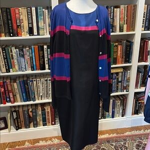 Chic Black Silk Dress with Blue and Pink Cardigan